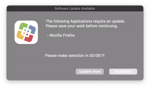 macOS Prompt with the text "The following Applications require an update. Please save your work before continuing."