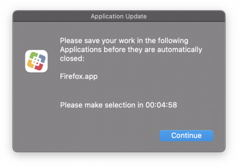 macOS Prompt with the text "Please save your work in the following Applications before they are automatically closed."
