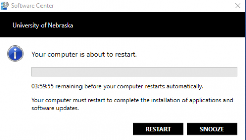 Software Center prompt with the text "Your computer is about to restart."
