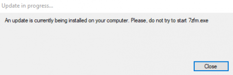 Dialog message with the text "Update in progress... An update is cumently being installed on your computer. Please. do not try to start 7fm.exe"