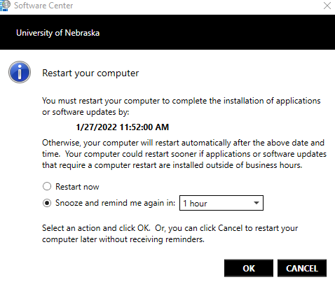 Software Center prompt with the text "Restart your computer" and the options to "Restart now" and "Snooze and remind me again in 1 hour".