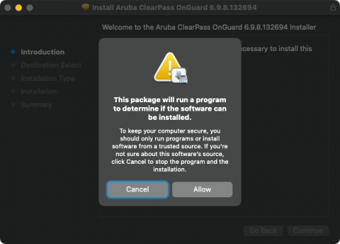 macOS Installer prompt stating "This package will run a program to determine if the software can be installed." with "Cancel" and "Allow" buttons.