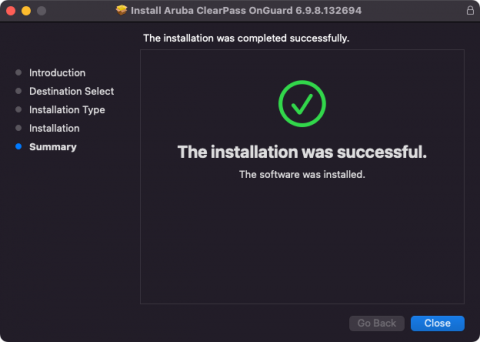 macOS Installer window showing the installation was successful.