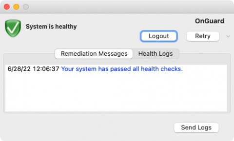 ClearPass OnGuard Application on macOS showing "System is healthy".