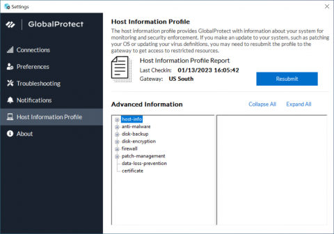 Windows GlobalProtect Settings with the Host Information Profile tab selected.