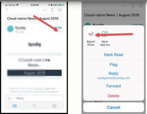 Image shows 'report phish' button on mobile outlook app