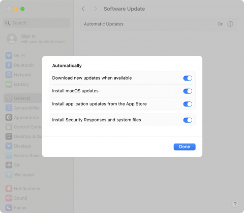 macOS Automatic Updates options in System Settings