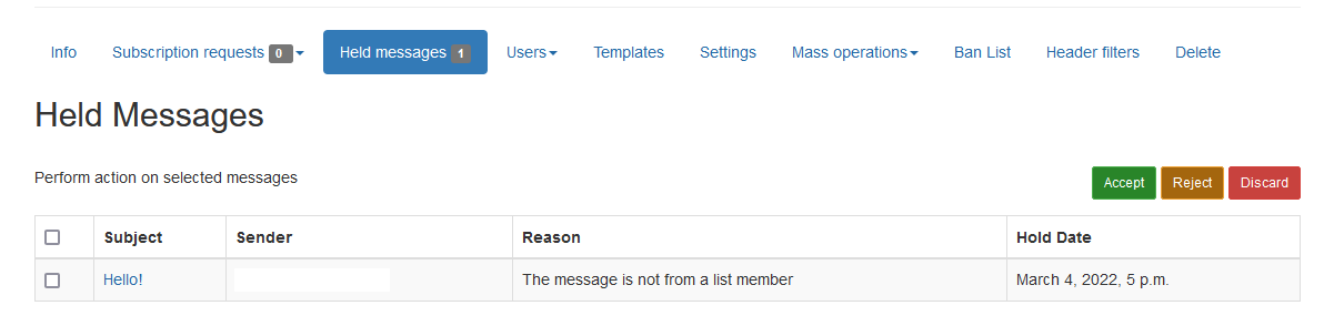 Approve or reject messages on the Mailing List
