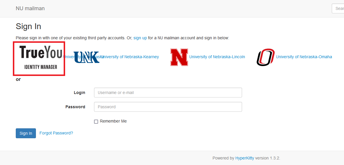 The TrueYou sign in option on Mailman