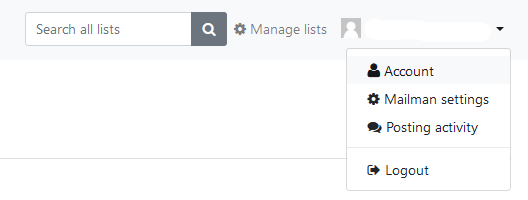 Account and Mailman settings are located in the dropdown in the top right corner.