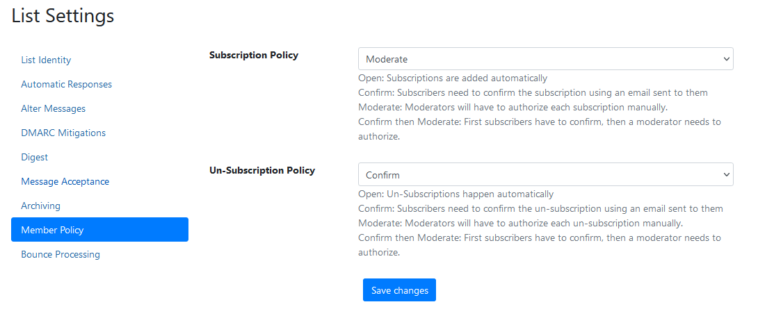 Subscription and Un-Subscription policies for a list.