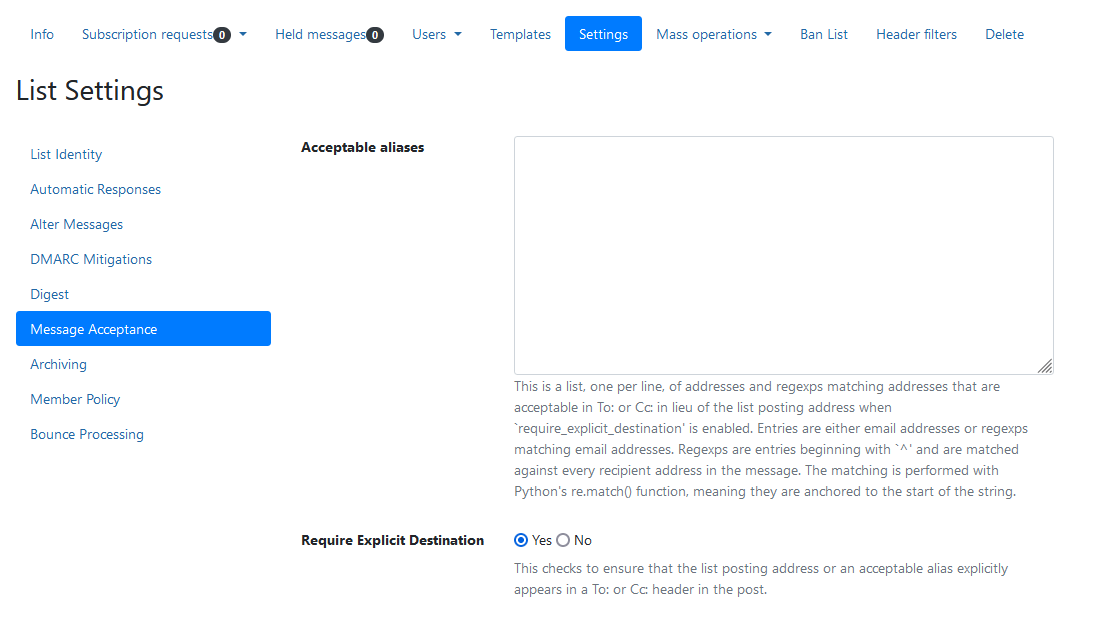 Settings > Message Acceptance > Require Explicit Destination toggle.