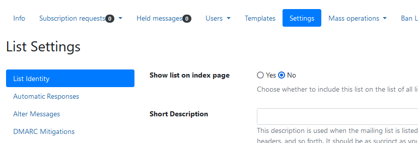 Settings > List Identity allows basic list data to be changed.
